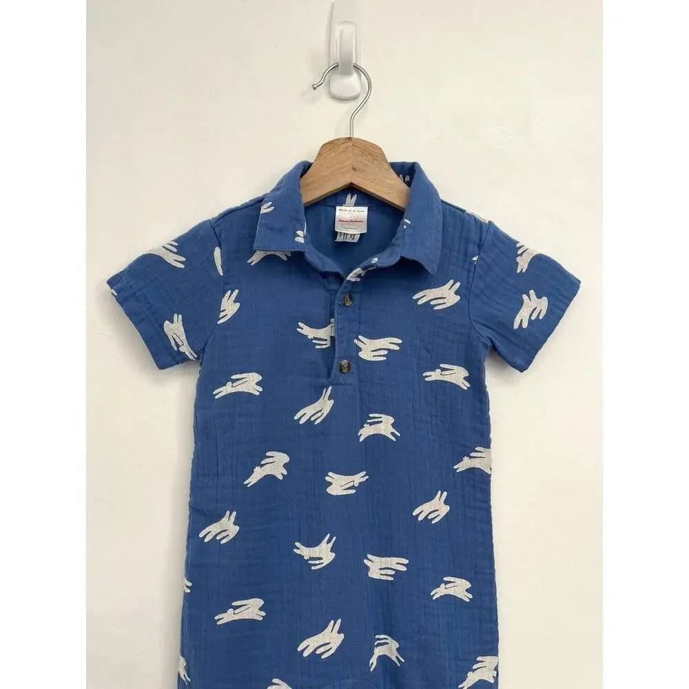 Hanna Andersson Cotton Muslin Bunny Print Romper Polo Short-Sleeve Snap 18-24 mo
